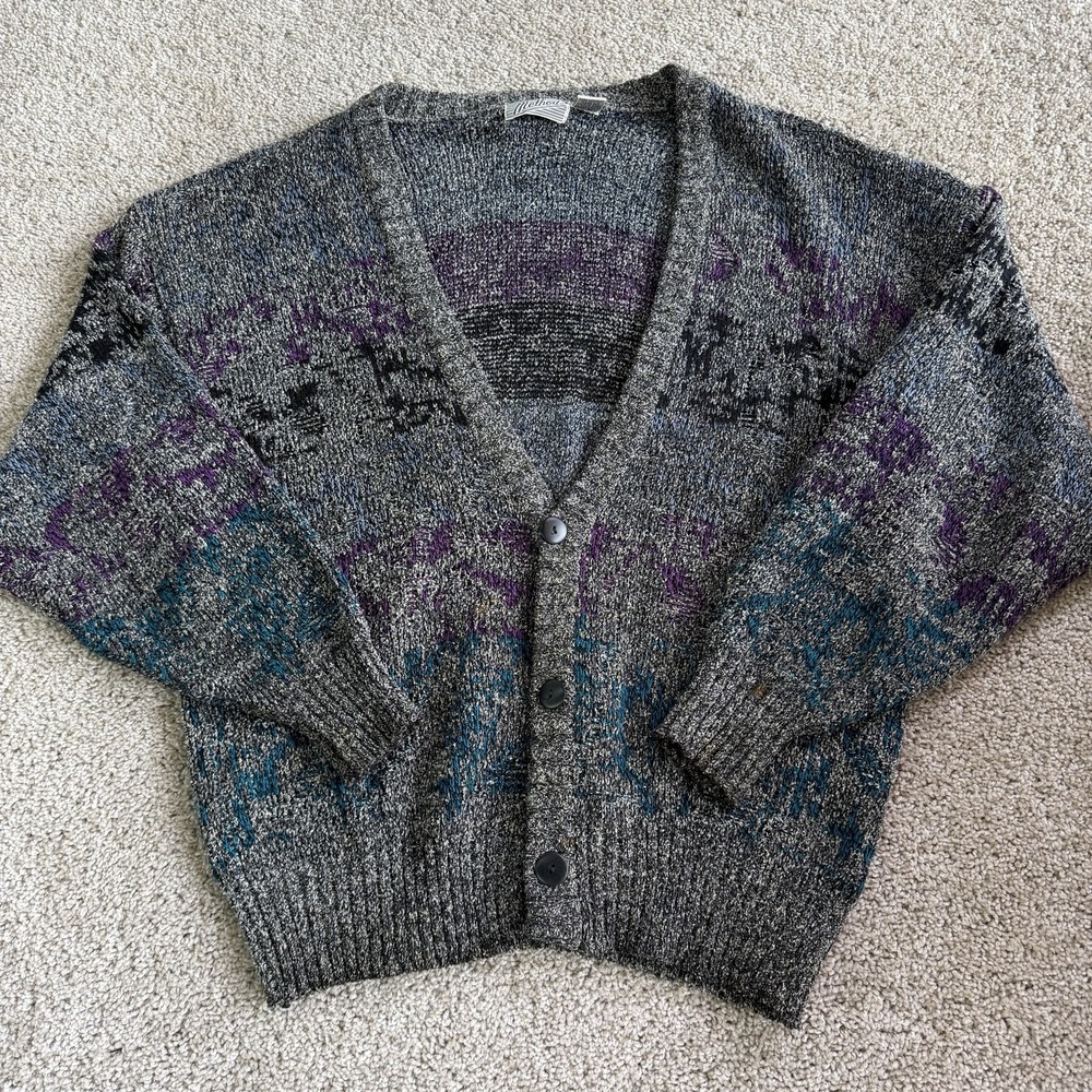 Vintage Method Sweater Mens Large Gray Graphic Knit V Neck Button Cardigan
